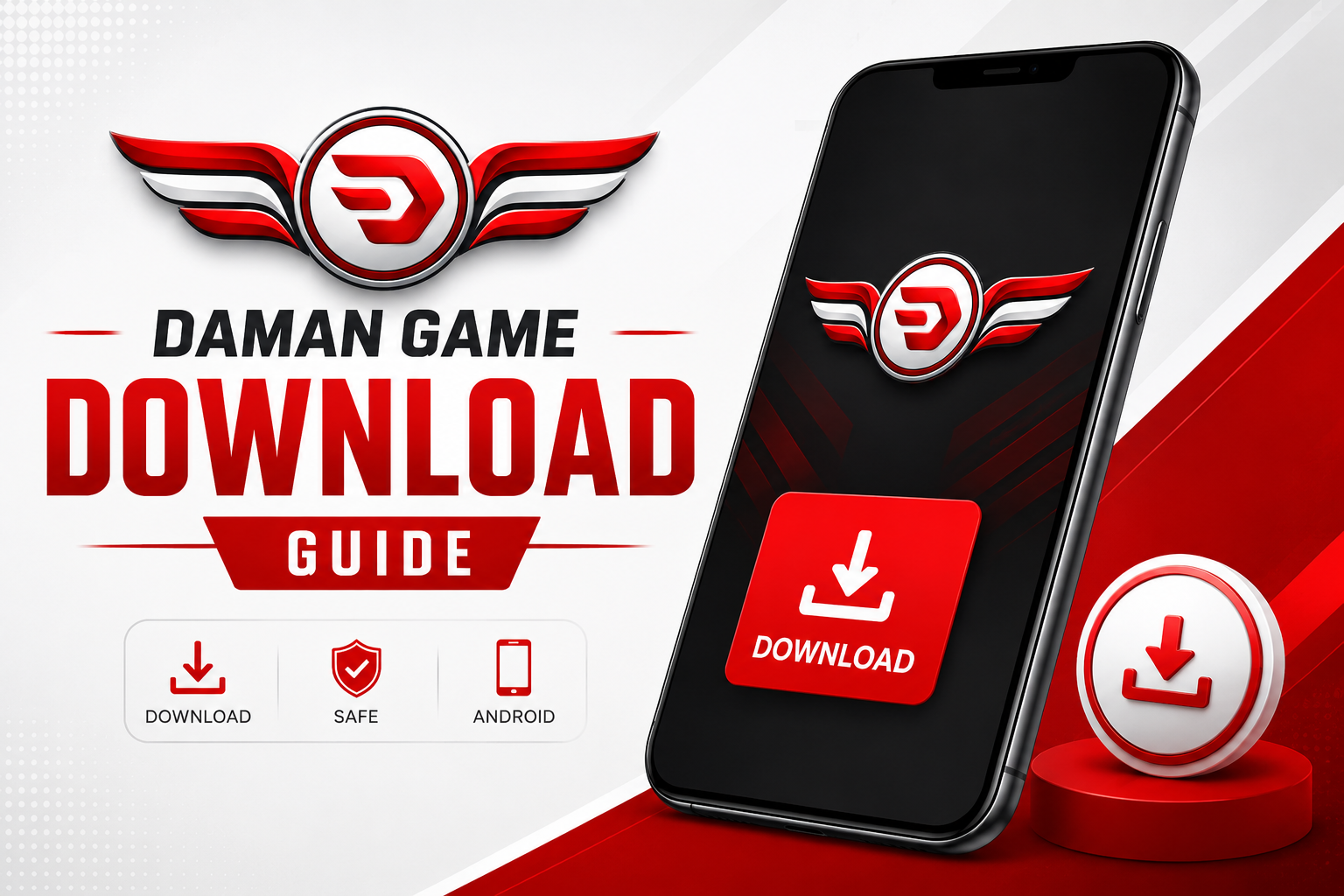 Daman Game Download Guide with red and white winged logo, smartphone, and download icon for Android APK access.